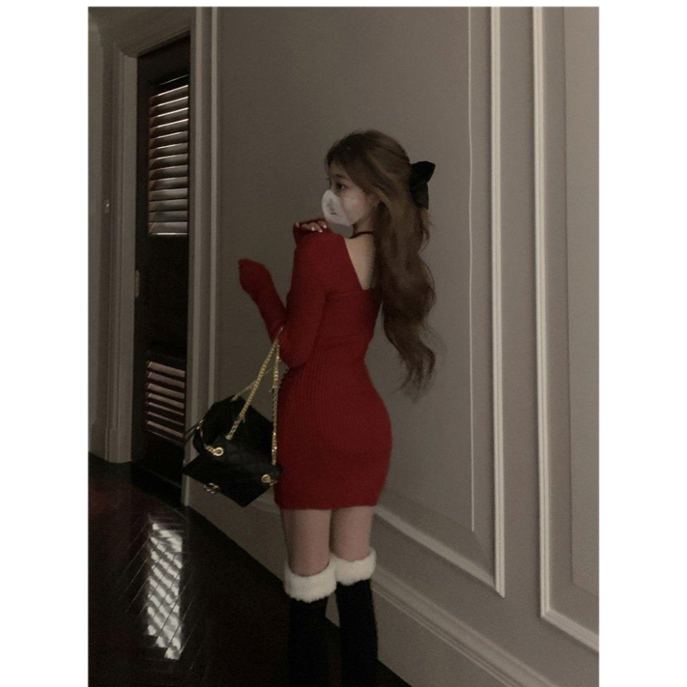 台灣現貨+預購♥純欲風一字肩針織包臀連身裙修身性感露露肩聖誕紅色毛衣裙女秋冬-細節圖5