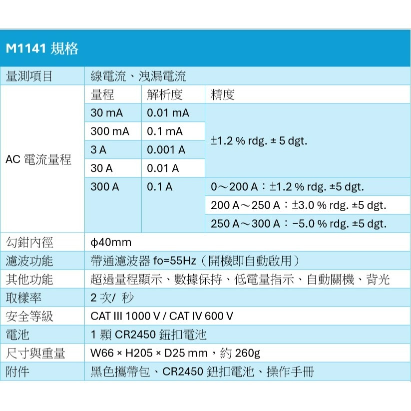 MULTI M1141 交流洩漏電流勾表（無藍芽功能）現貨 AC 30mA~300A量程 漏電流鉗形測試儀 含稅價附發票-細節圖7