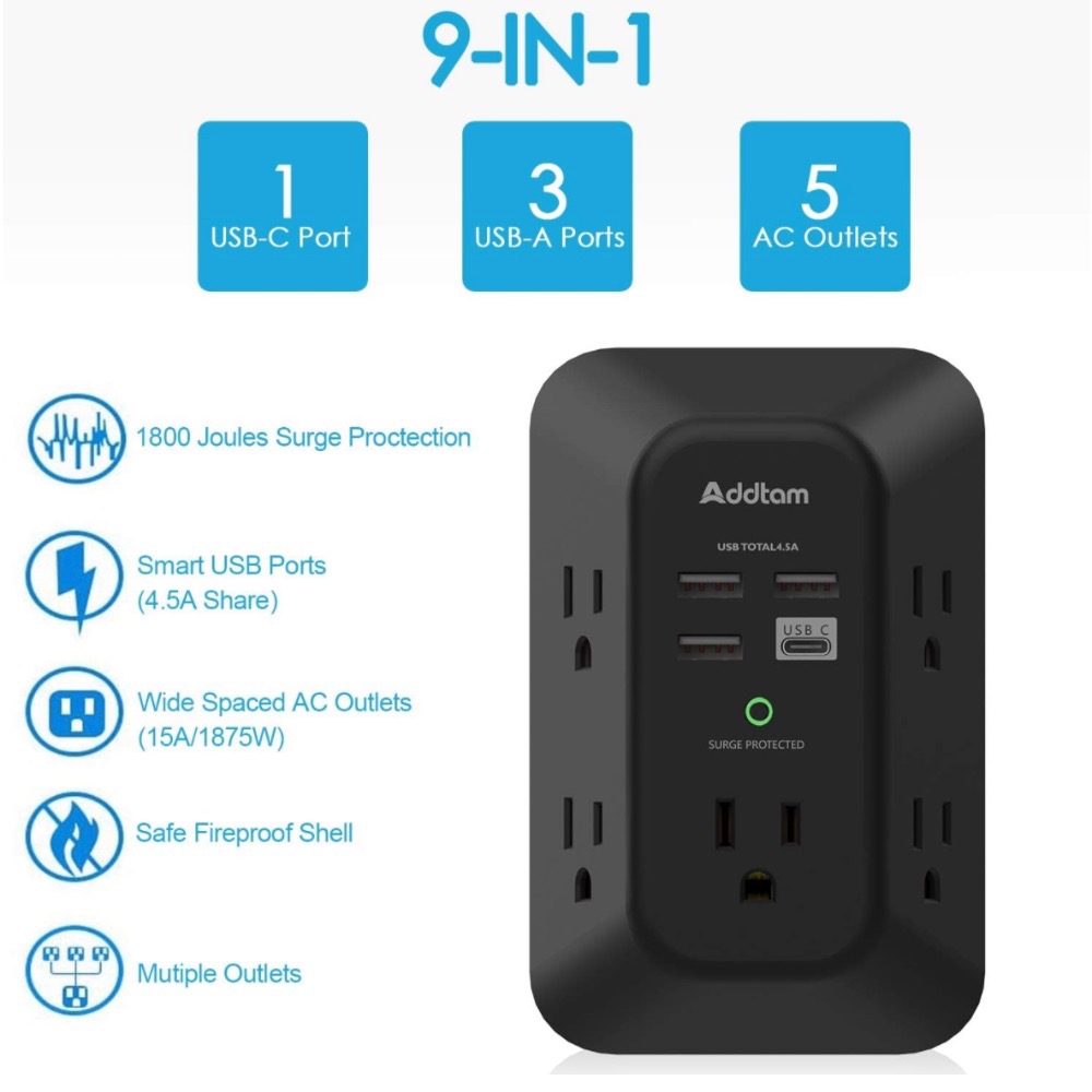 【費城洛基】美國Addtam 9合1 壁掛式充電器 （黑色）美國直送🇺🇸-細節圖2