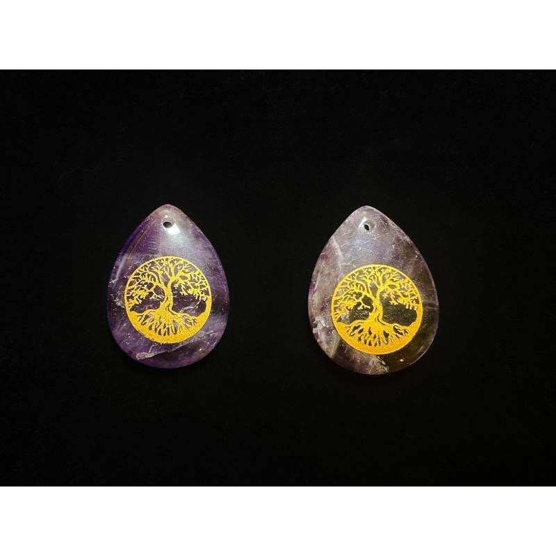 【羊角樹工作室】生命樹燙金水滴墜 紫水晶 黑曜石 裸石-細節圖4