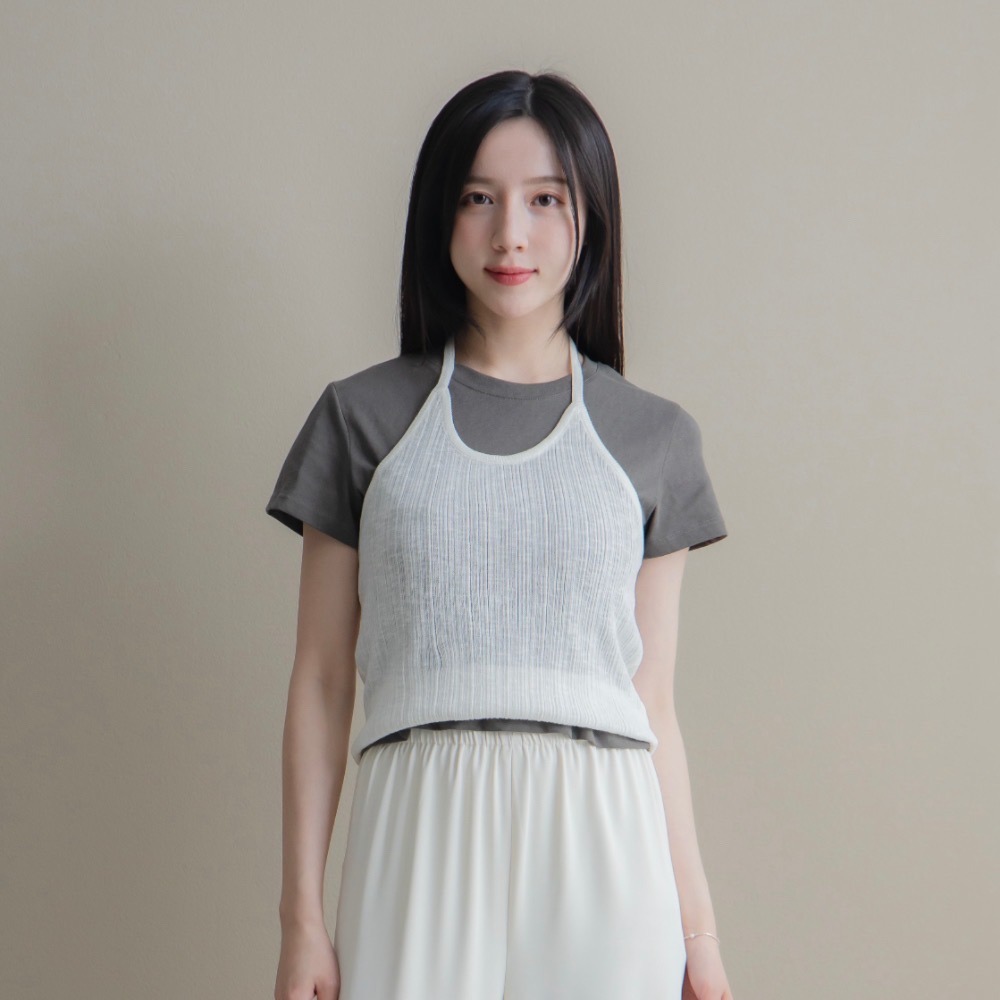 【CT MOON】兩件式跳色繞頸綁帶背心上衣-細節圖9