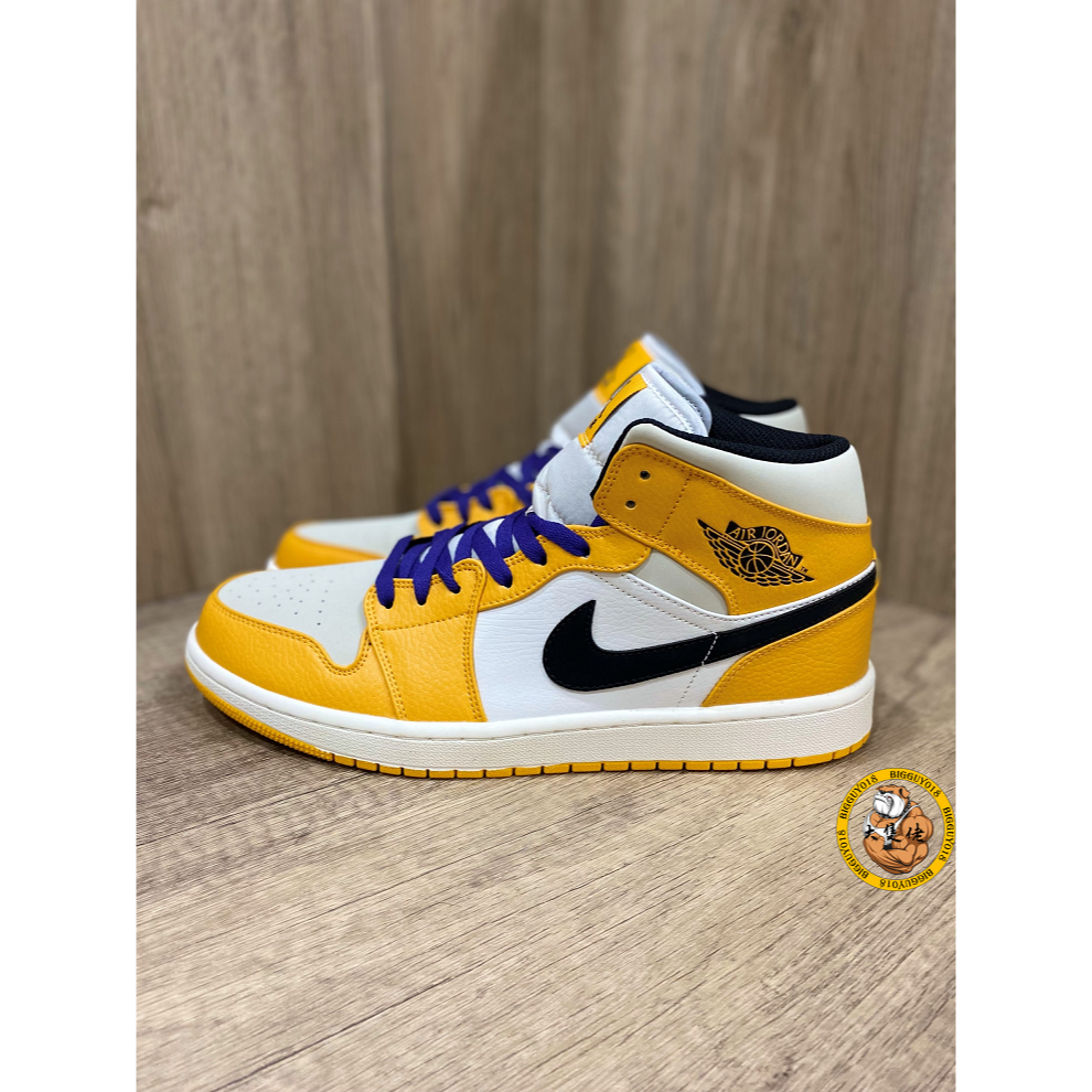 【大隻佬】Air Jordan 1 Mid 白黃 紫金 AJ1 湖人配色 LeBron 荔枝皮 852542-700-細節圖2