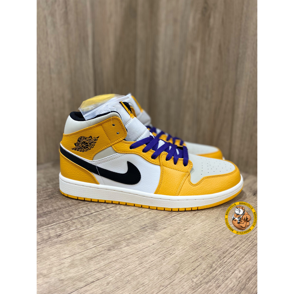 【大隻佬】Air Jordan 1 Mid 白黃 紫金 AJ1 湖人配色 LeBron 荔枝皮 852542-700-細節圖3