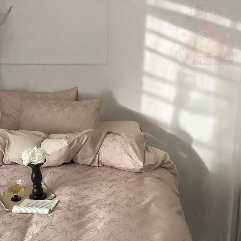 時尚100支高支數長絨棉貢緞蝴蝶結緹花床單枕套被套組-細節圖2