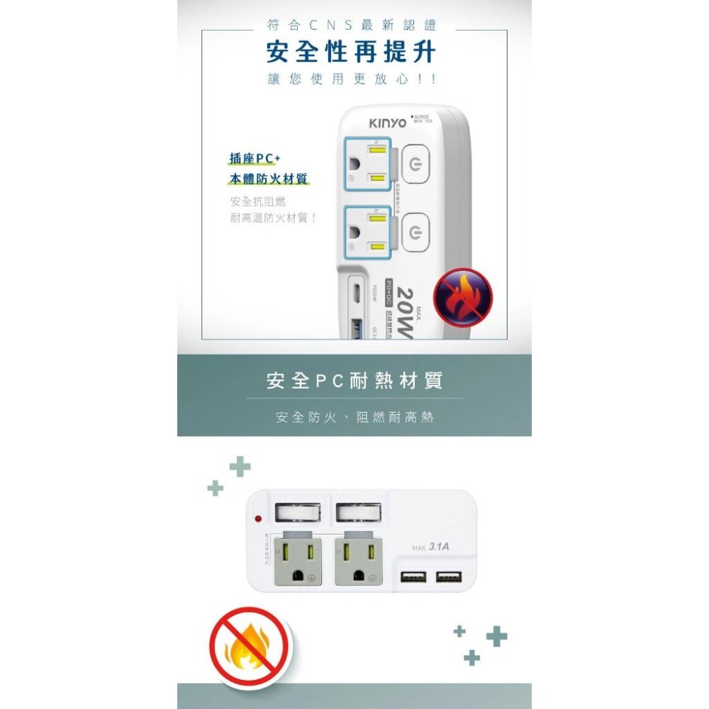 【KINYO 2開2插USB分接器】分接器 USB分接器 充電器 快充 2P插腳 3P插座 Type-C【LD791】-細節圖7