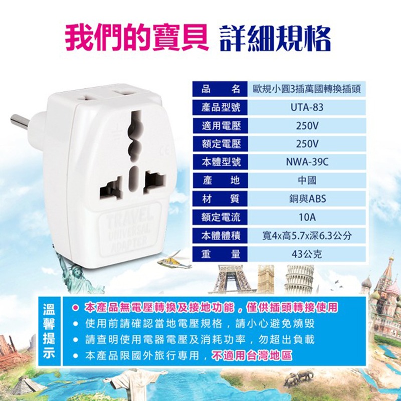 出國旅行必備👍～【聖岡科技 3插出國轉換插頭】轉換插座 3插座 旅行必備 國外插頭 轉換頭 插座 擴充【LD795】-規格圖8