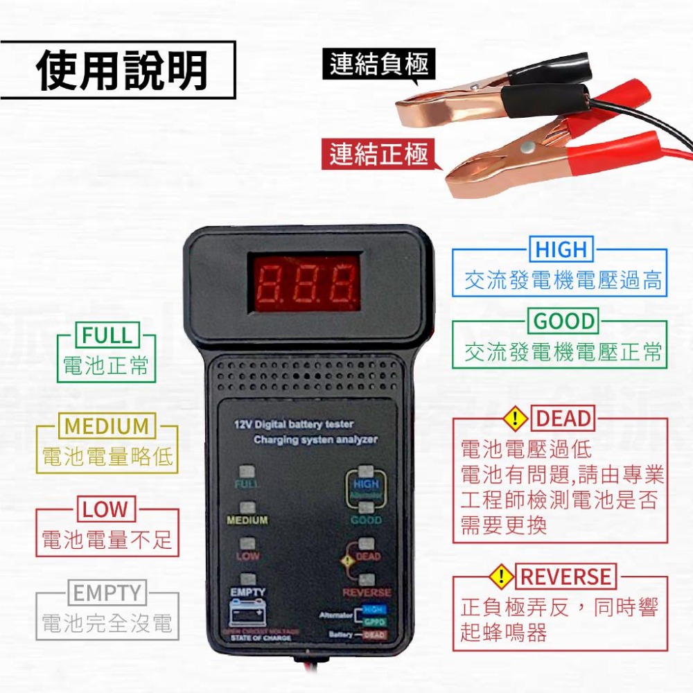 【汽機車12V電瓶檢測器】電池檢測儀 電瓶檢測 蓄電池 電壓 電量 電瓶 蓄電池檢測儀 汽車百貨【LD855】-細節圖5