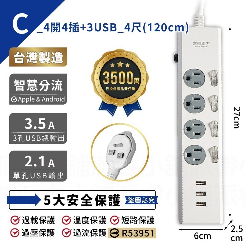 【3USB+4開4插3孔延長線】延長線 突波保護 USB最高輸出3.5A【LD535】-規格圖9