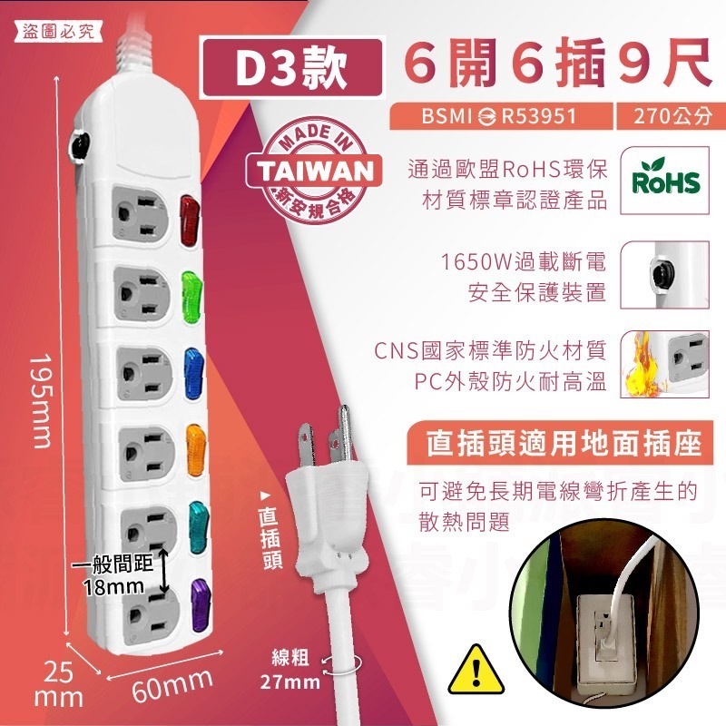 D3款_6開6插9尺直插頭