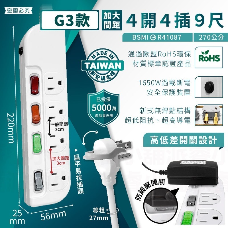 台灣製~安全第☝️附發票~特價~最新安規認證【過載斷電多開延長線】3開3 4開4 6開6 4尺 6尺 9尺【LD297】-規格圖9