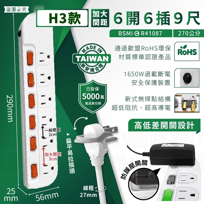 台灣製~安全第☝️附發票~特價~最新安規認證【過載斷電多開延長線】3開3 4開4 6開6 4尺 6尺 9尺【LD297】-規格圖9