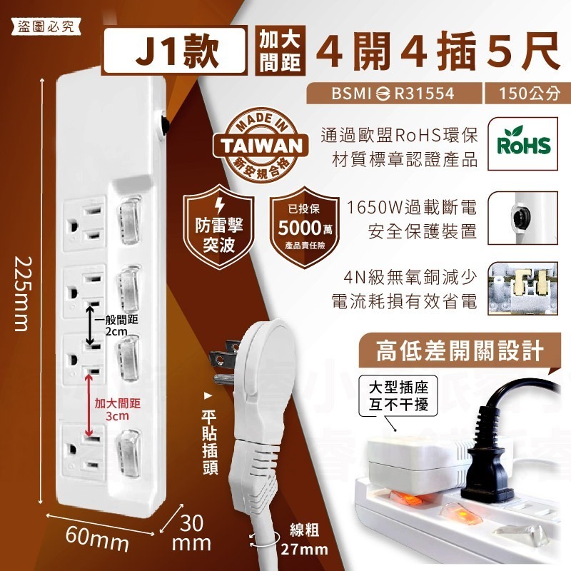 J1款_防雷擊4開4插5尺平貼插頭