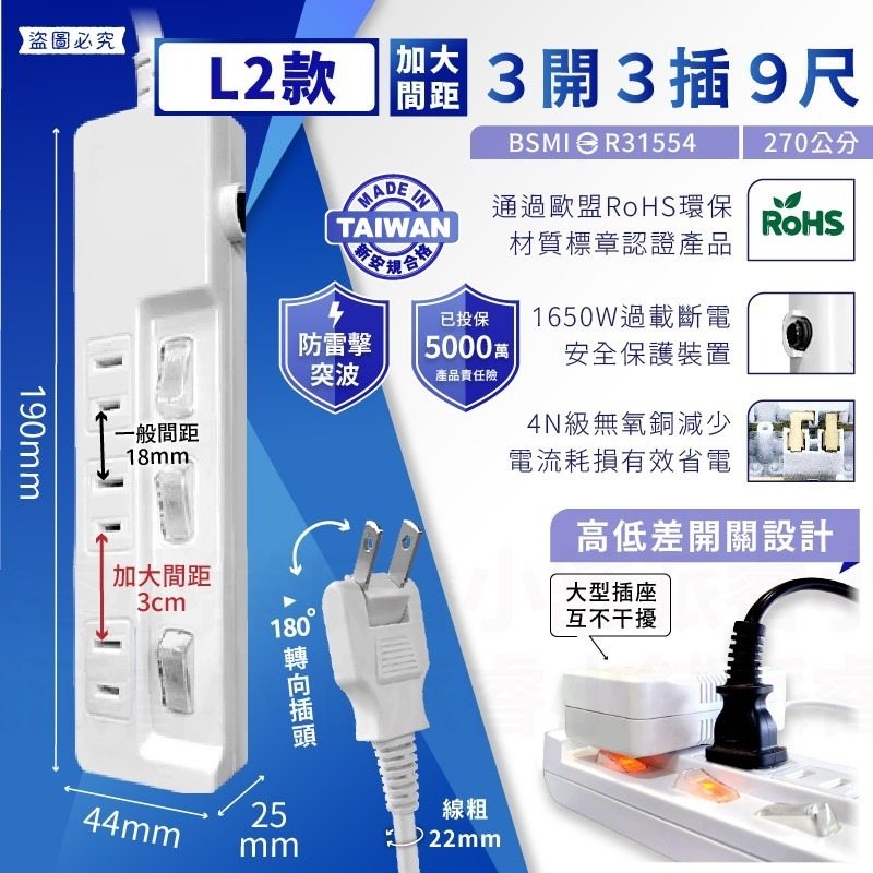 台灣製~安全第☝️附發票~特價~最新安規認證【過載斷電多開延長線】3開3 4開4 6開6 4尺 6尺 9尺【LD297】-規格圖9