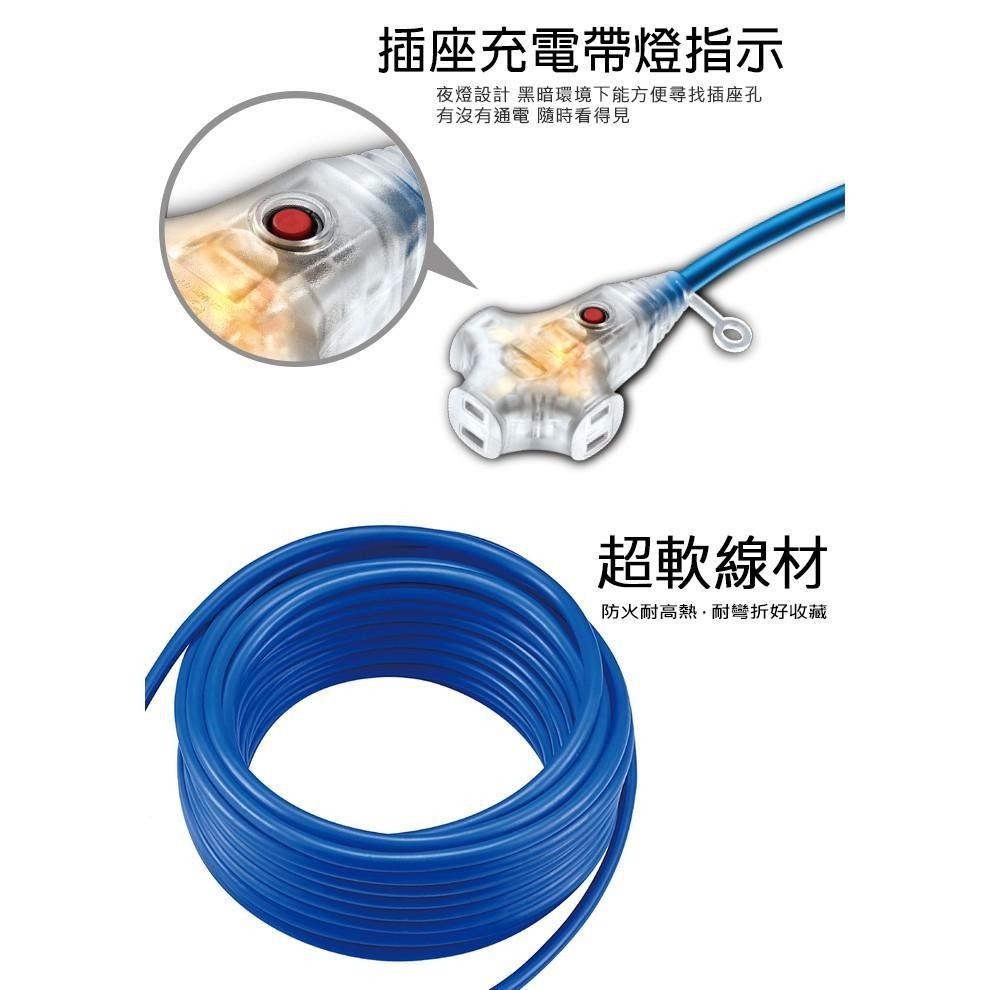 台灣製MIT～【太星電工2P 3插座附燈動力軟線】15A 防火 便利吊環 動力線 延長線 戶外延長線【LD371】-細節圖6
