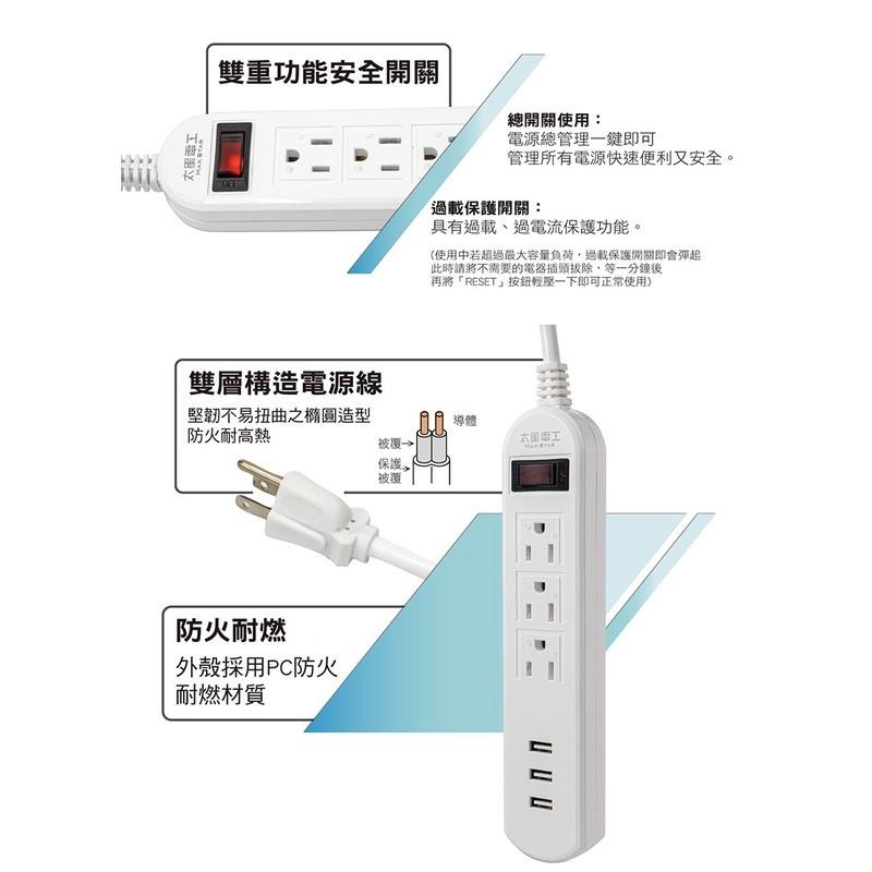 台灣製造 【3USB+1開3插3孔延長線】USB延長線 新安規 突波吸收 過載保護 自動分流【LD560】-細節圖4