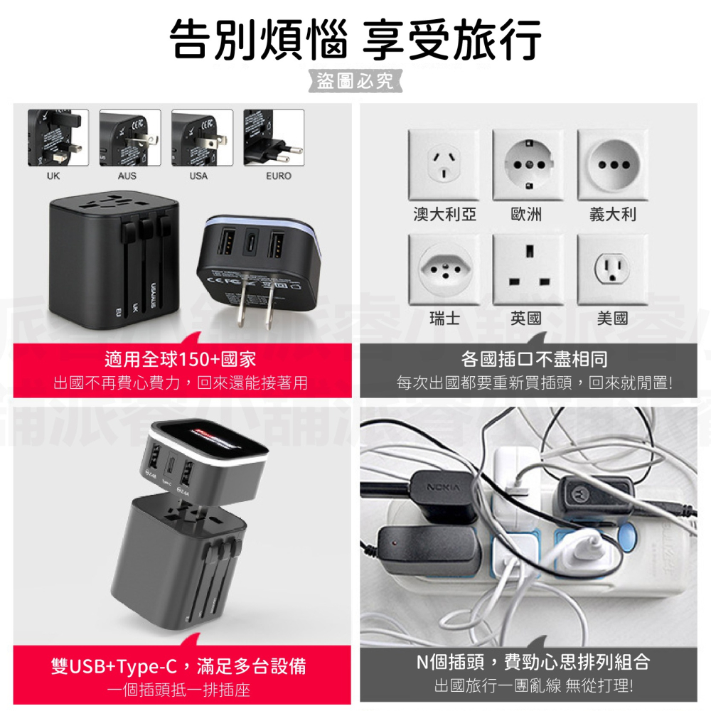 【2合1多國旅行充電組】 出國旅遊 轉接插頭 旅遊插頭 萬用充電器 全球通用 美規 澳規 英規 歐規 【LD1047】-細節圖3