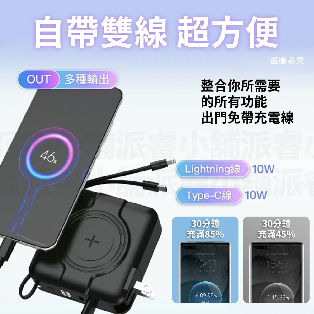 【POLYWELL 多合一自帶線快充行動電源10000mAh】快充線 收納 行動電源 充電器 多功能 【LD1099】-細節圖7