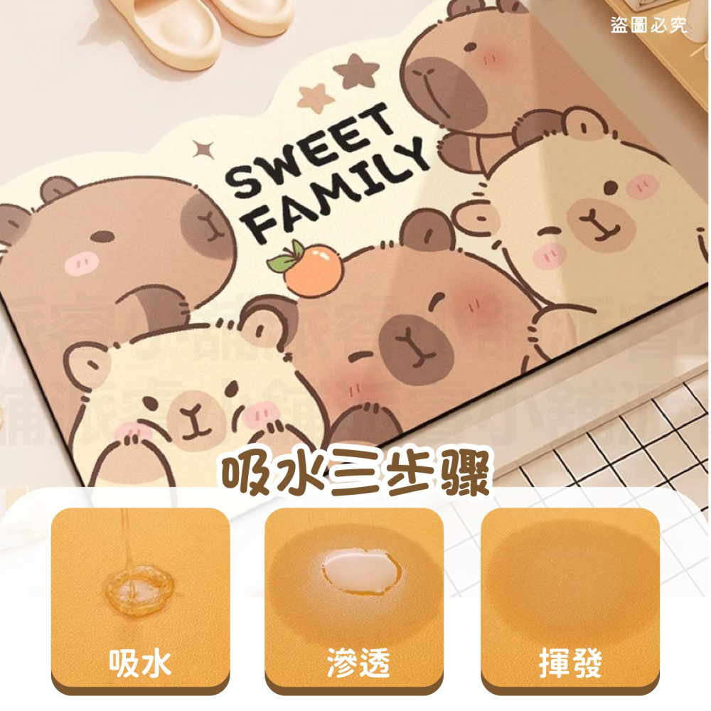 【卡皮巴拉硅藻吸水地墊2 40x60cm】可愛造型 水豚 泡澡 吸水墊 防滑地墊 浴室地墊【LD1117】-細節圖2