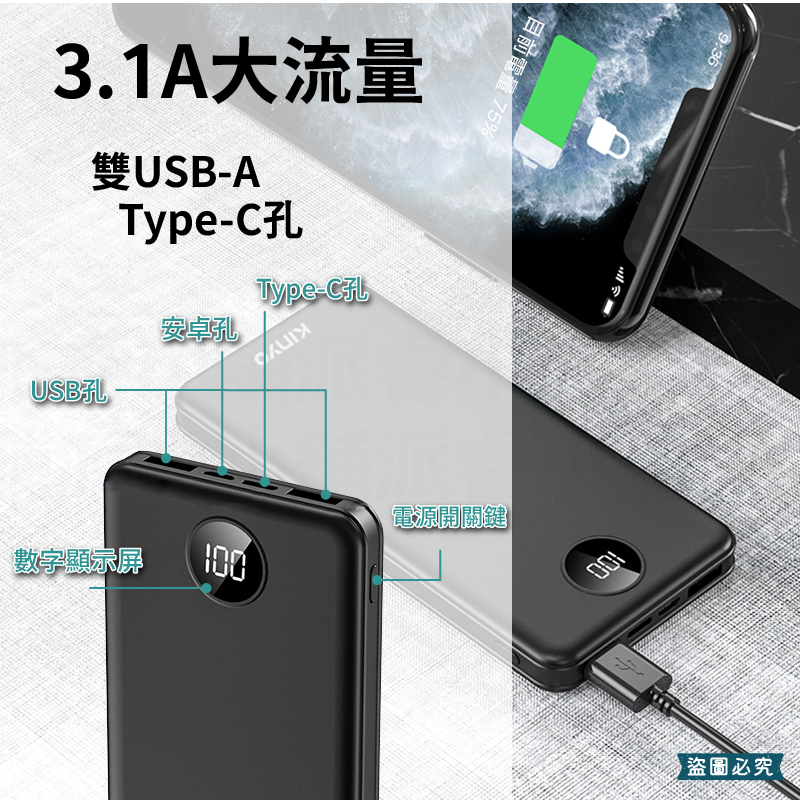 【KINYO PD/QC全兼容快充行動電源】充電器  Type-C 30W 快充 液晶顯示【LD1197】-細節圖3