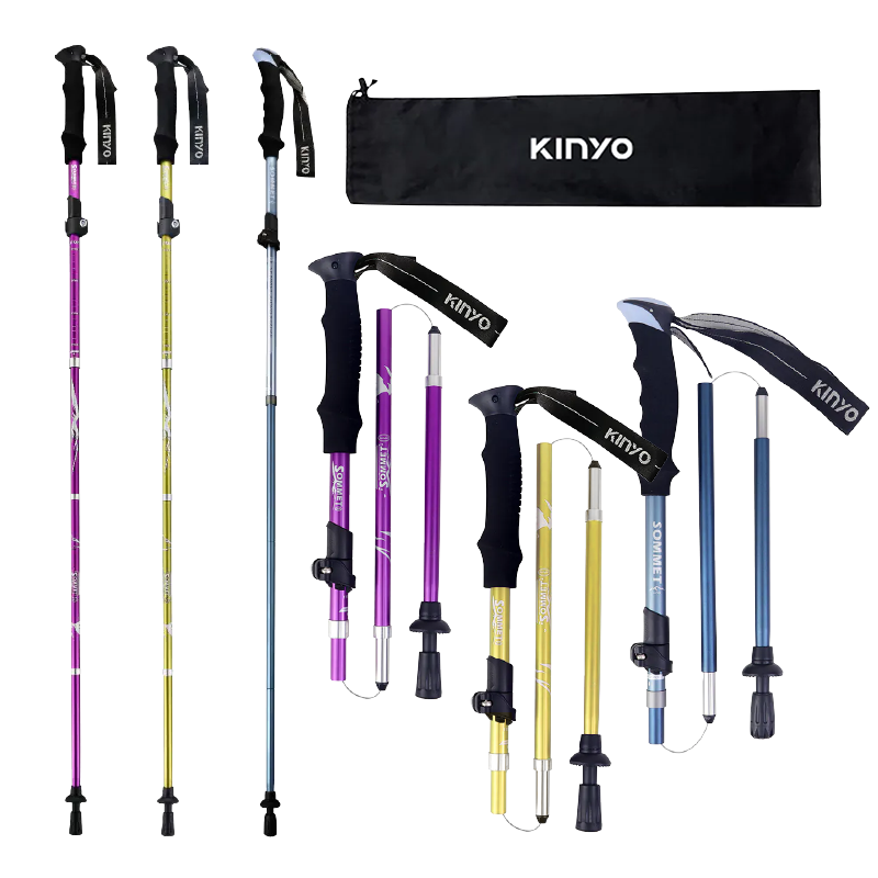 【KINYO 五節輕量鋁合金摺疊登山杖】摺疊 伸縮  登山必備 鋁合金 附阻泥板 收納袋 【LD1213】-細節圖2