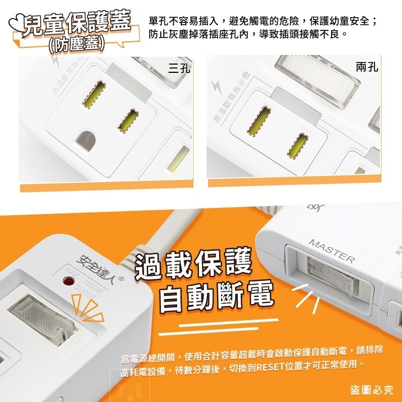 【安全達人 多開多插超級閃衝安全延長線】PTP 防火材質 防雷突波 USB快充 獨立開關 兒童保護蓋 【LD1229】-細節圖8