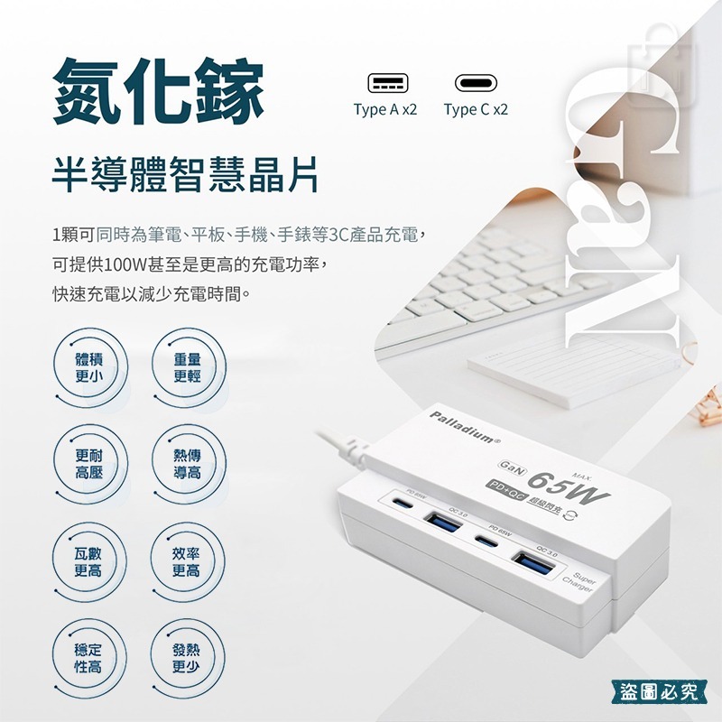 【65W USB氮化鎵閃充延長線 4孔】氮化鎵 新安規  Gan 快充延長 PD+QC 4port 【LD1250】-細節圖9
