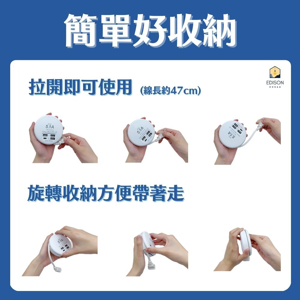 【USB智慧快充延長線】單孔2.4A USB延長線 6USB 隱藏式收線 Type-C 2P插頭【LD737】-細節圖7