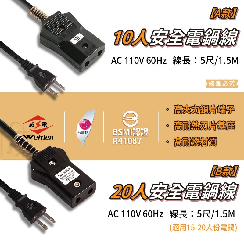 台灣製造【威電 安全電鍋線】電鍋電源線 10人份 20人份 國家認證 高耐熱電木 安全【LD1256】-細節圖3