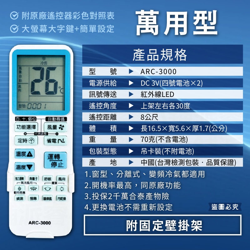 【萬用/專用原廠模具冷氣遙控器】高開機率 簡單設定 窗型 分離式 變頻均適用 冷氣遙控器【LD1303】-規格圖8