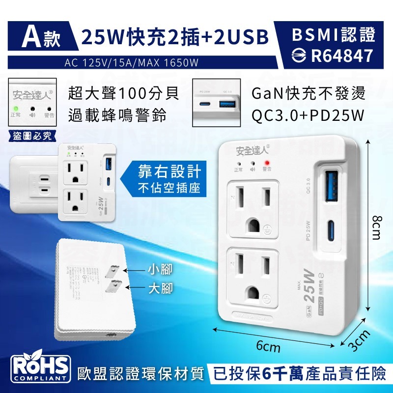 【BiBi AI過載警報分接器】100分貝過載蜂鳴 25W USB快充 壁插 分接器 充電器 氮化鎵快充【LD1308】-規格圖8