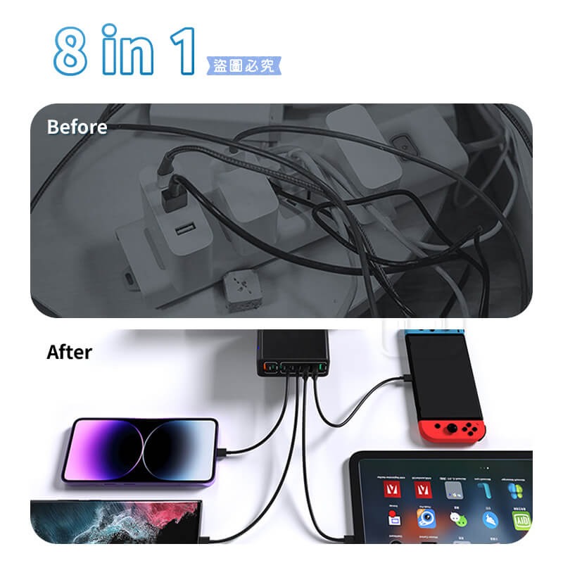 【120W PD+QC快速八孔充電器】多孔充電頭 USB Type-C 國際電壓 閃充頭 旅行充【LD1310】-細節圖4