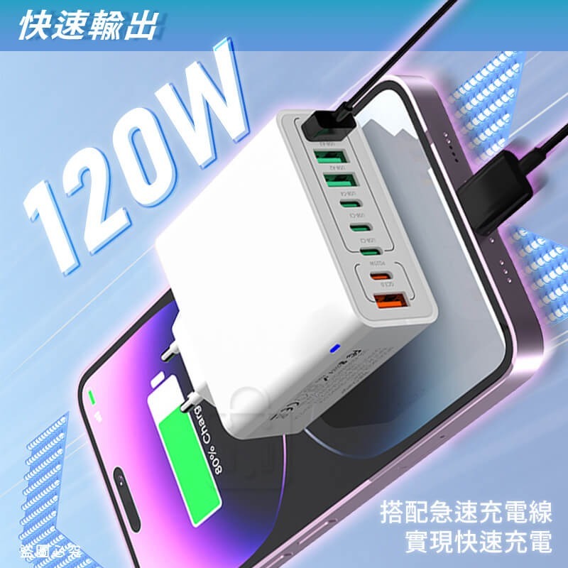 【120W PD+QC快速八孔充電器】多孔充電頭 USB Type-C 國際電壓 閃充頭 旅行充【LD1310】-細節圖5