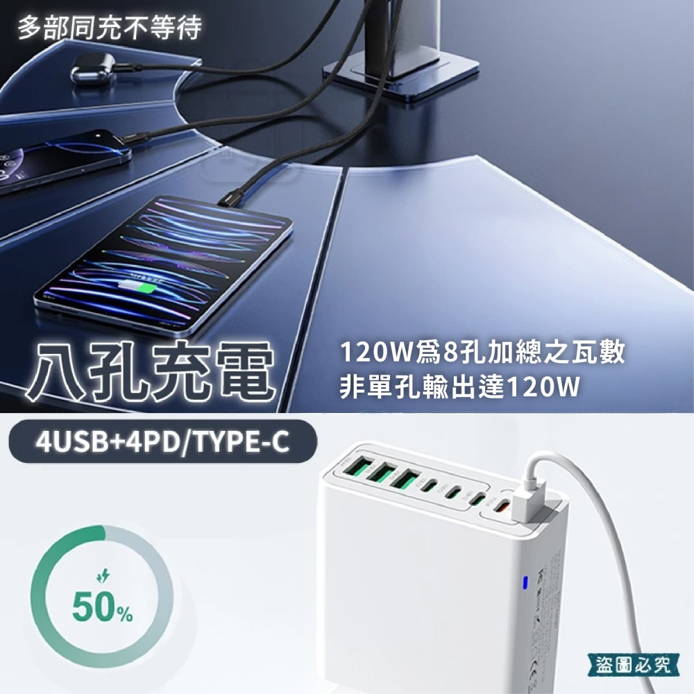 【120W PD+QC快速八孔充電器】多孔充電頭 USB Type-C 國際電壓 閃充頭 旅行充【LD1310】-細節圖8