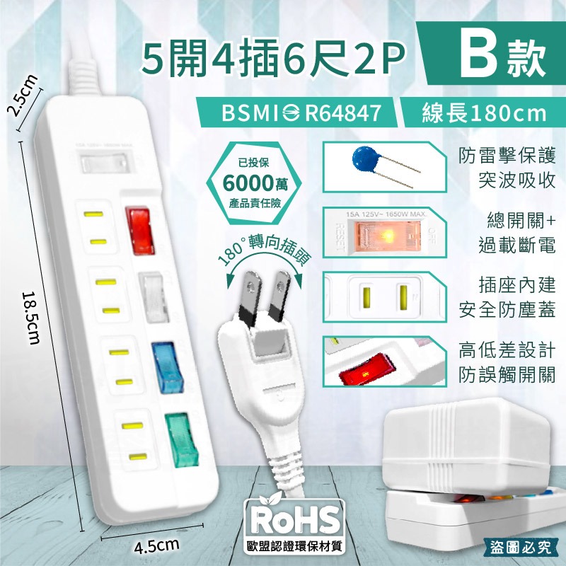 【防雷擊突波 2孔/3孔延長線】1.8M 防雷突波 防塵蓋 總開關 獨立開關 延長線 2P 3P【LD1312】-規格圖9
