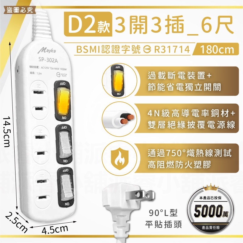 【MAYKA 2孔延長線】 防雷擊突波吸收 獨特插孔防塵蓋設計 延長線 平貼式 節能 延長線 2P【LD489】-規格圖9