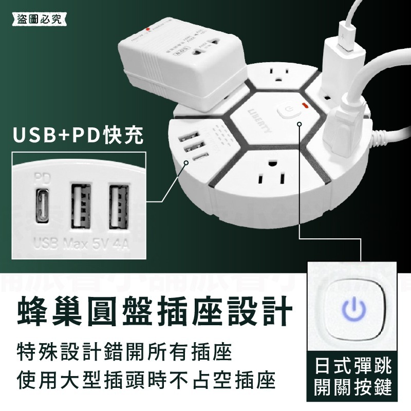 【利百代 蜂巢圓盤1開5插20W快充延長線1.8M】延長線 USB充電 PD 18W快充 總開關 3P【LD1333】-細節圖3