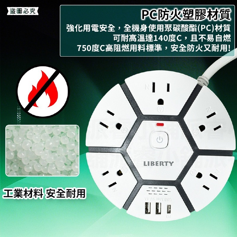 【利百代 蜂巢圓盤1開5插20W快充延長線1.8M】延長線 USB充電 PD 18W快充 總開關 3P【LD1333】-細節圖7