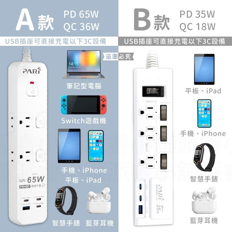 【PARI 氮化鎵快充延長線】65W 35W 防雷擊突波 PTP高溫斷電 超大間距 USB快充 延長線【LD1342】-細節圖3
