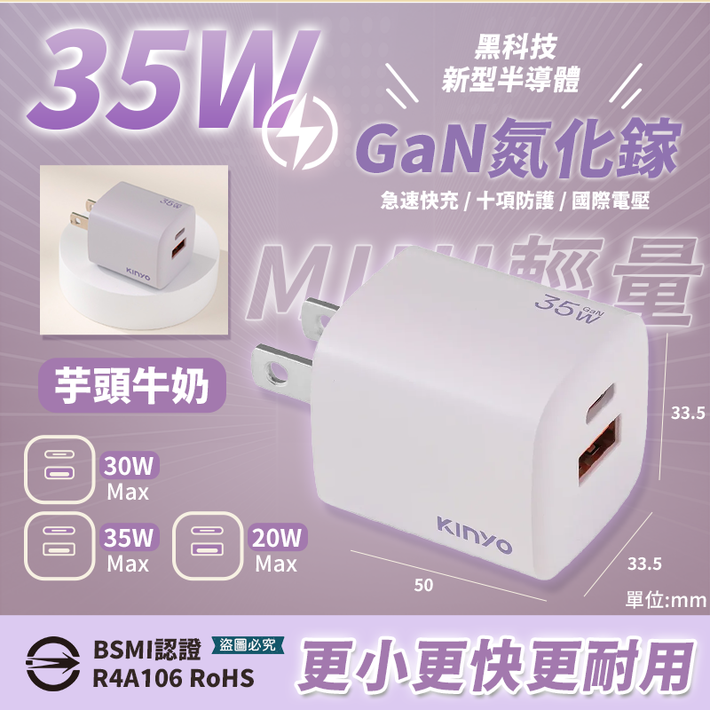 【KINYO 氮化鎵雙孔PD充電器65W/40W/35W/20W】快充 黑科技 mini 國際電壓【LD1367】-規格圖9