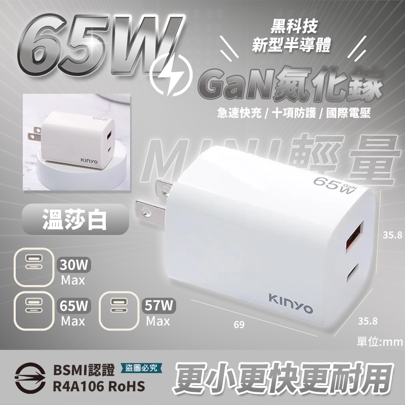 【KINYO 氮化鎵雙孔PD充電器65W/40W/35W/20W】快充 黑科技 mini 國際電壓【LD1367】-規格圖9