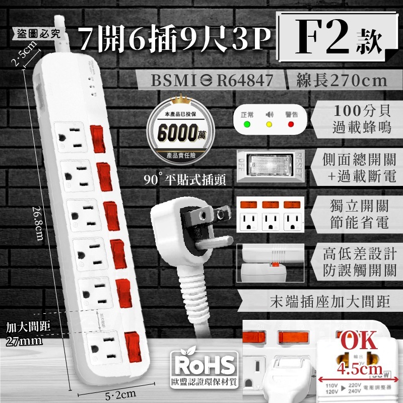【BiBi聲AI過載警報延長線】1.8M 2.7M 總開關 獨立開關 過載蜂鳴 100分貝警鈴 延長線【LD1368】-規格圖9