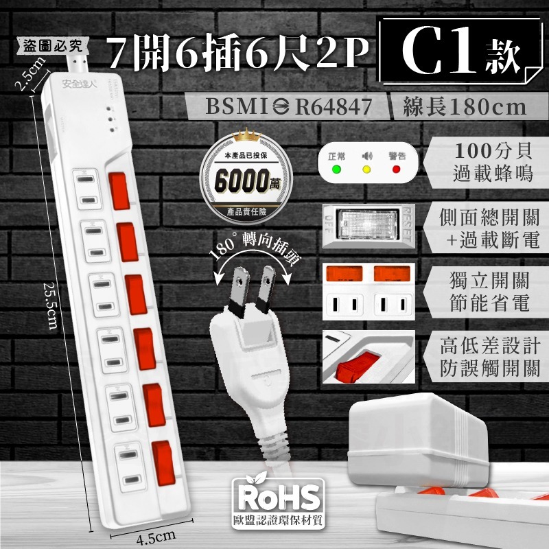 【BiBi聲AI過載警報延長線】1.8M 2.7M 總開關 獨立開關 過載蜂鳴 100分貝警鈴 延長線【LD1368】-規格圖9