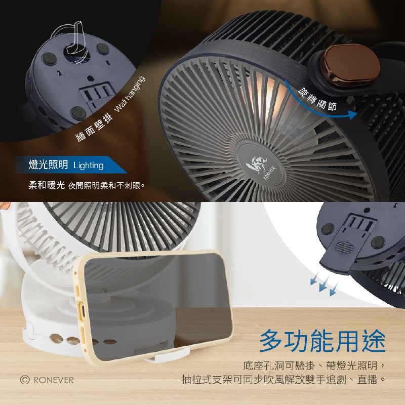 【RONEVER 6吋靜音小夜燈風扇】USB風扇 360度轉 可當手機支架 小風扇 夾扇 靜音風扇 風扇【LD1405】-細節圖6