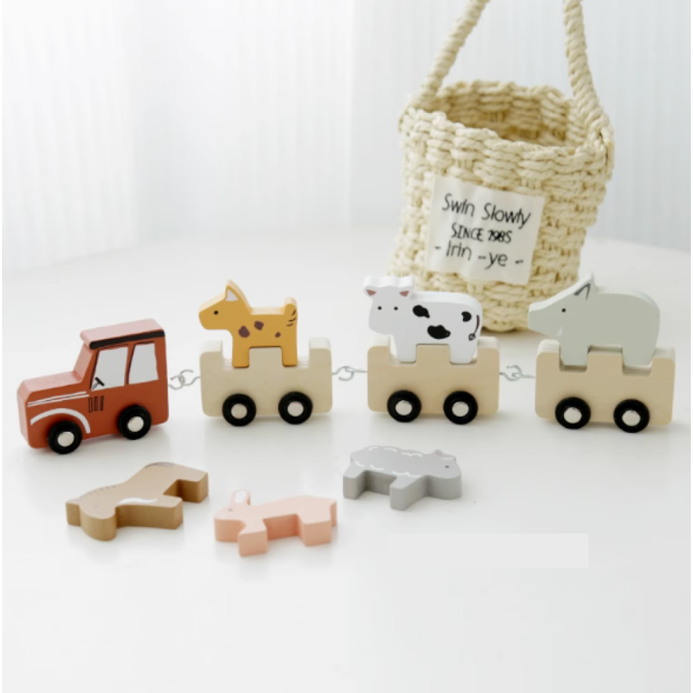 木質農場小火車 ღ 農場小火車 女孩玩具 動物小車子 手推車 手推小車模型 男孩迷你木質車-細節圖2
