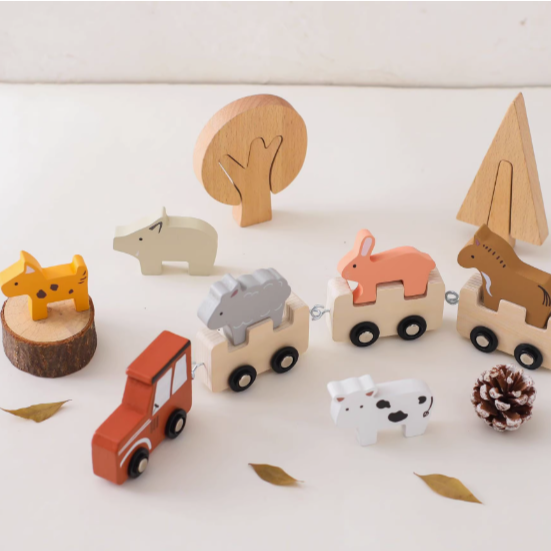 木質農場小火車 ღ 農場小火車 女孩玩具 動物小車子 手推車 手推小車模型 男孩迷你木質車-細節圖3