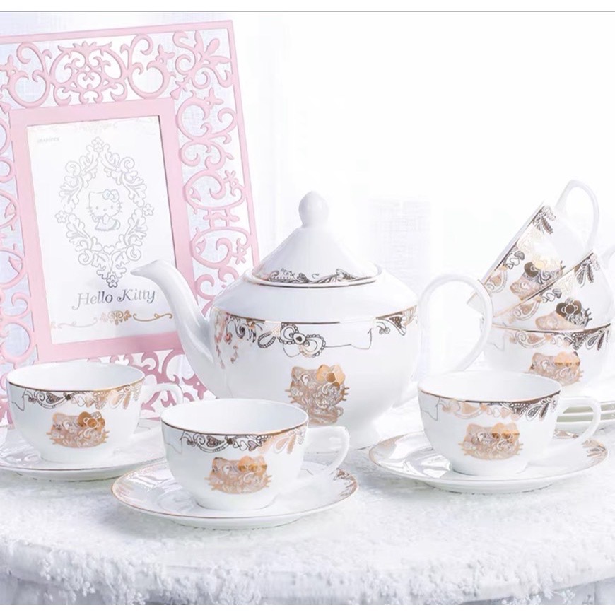 凱蒂貓高級送禮豹紋13組系列 茶壺盤子 杯子茶具 歐式下午茶 旅行茶具組/泡茶組 /陶瓷 限貨運-細節圖5