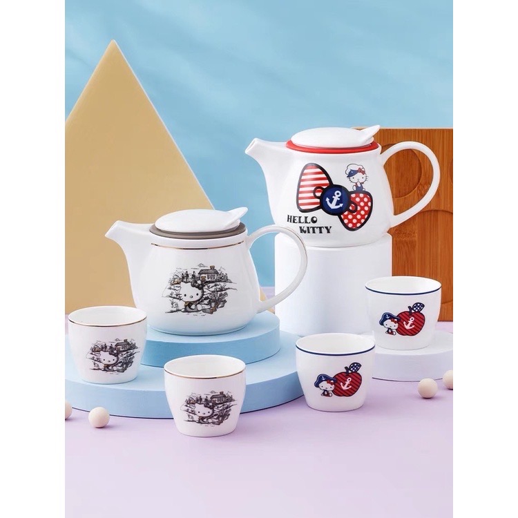 凱蒂貓 茶貝組 手繪風茶杯組3件組一壺2杯 蓋碗茶杯 茶壺 能貨運 泡茶壺 內膽耐高溫 茶壺 密封 溫壺 復古風-細節圖2