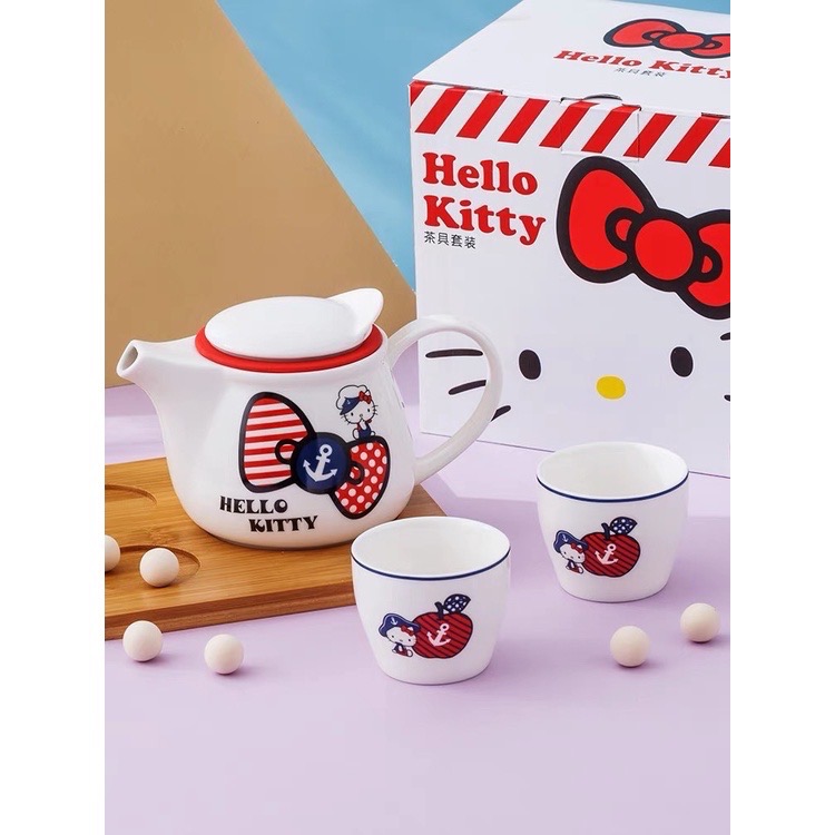 凱蒂貓 茶貝組 手繪風茶杯組3件組一壺2杯 蓋碗茶杯 茶壺 能貨運 泡茶壺 內膽耐高溫 茶壺 密封 溫壺 復古風-細節圖6