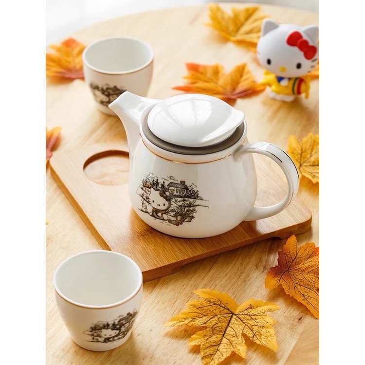 凱蒂貓 茶貝組 手繪風茶杯組3件組一壺2杯 蓋碗茶杯 茶壺 能貨運 泡茶壺 內膽耐高溫 茶壺 密封 溫壺 復古風-細節圖9