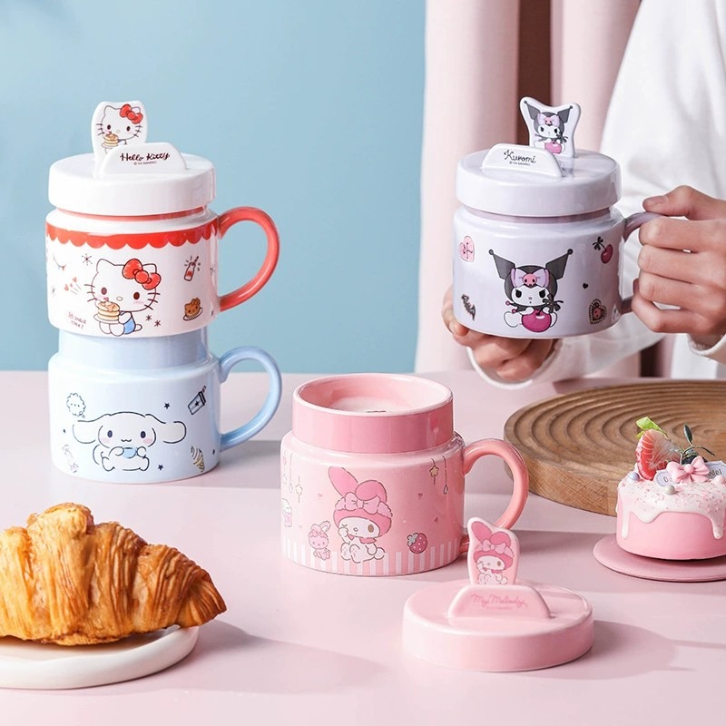 三麗鷗 凱蒂貓 美樂蒂 大耳狗 庫洛米 陶瓷支架 馬克杯 水杯400ml 冷飲杯 咖啡杯 早餐杯-細節圖4